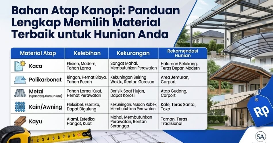 Infographic banner with Indonesian title and a table listing five roof materials, pros, cons, and housing tips.