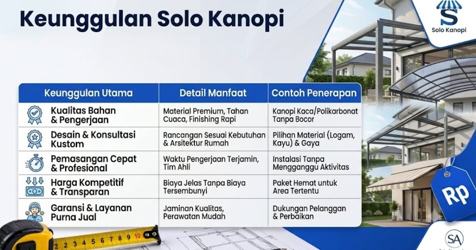 Infografis Keunggulan Solo Kanopi: kualitas bahan, desain kustom, pemasangan cepat, harga kompetitif, garansi.