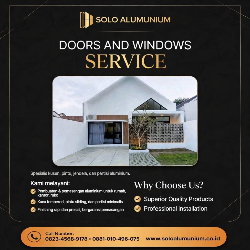 image_20261024_002951 - Jasa Aluminium Solo: Harga Kusen, Pintu & Jendela Aluminium Profesional 2026 Promo banner for SOLO ALUMUNIUM Doors and Windows Service with a modern white house photo and gold text on a black background.
