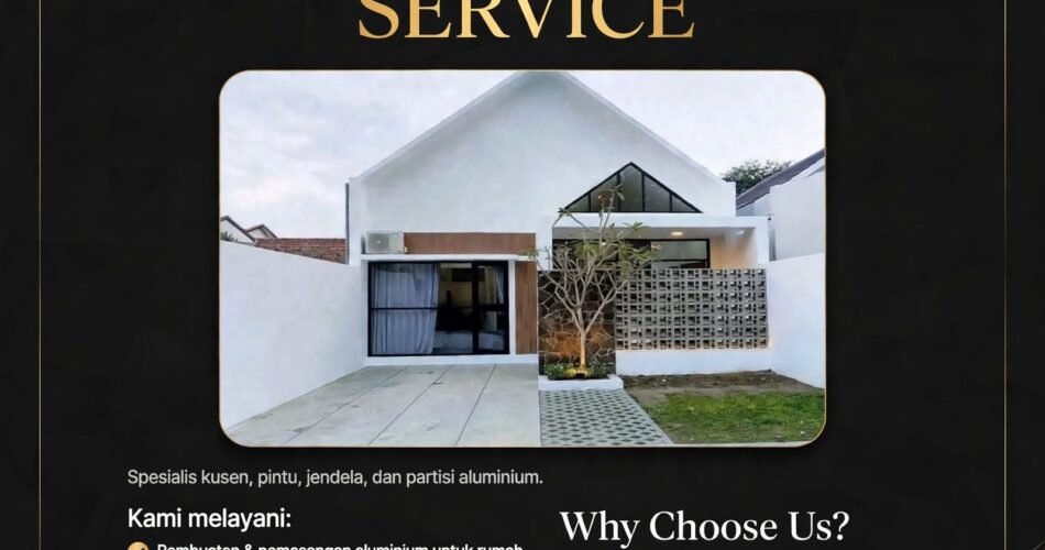 Promo banner for SOLO ALUMUNIUM Doors and Windows Service with a modern white house photo and gold text on a black background.