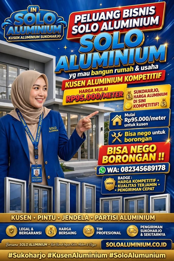jasa pembuatan pintu jendela alumunium murah - Jasa Aluminium Solo: Harga Kusen, Pintu & Jendela Aluminium Profesional 2026 Promotional image of a smiling woman in a blue uniform pointing to aluminum windows and bold Indonesian sales text in the background.